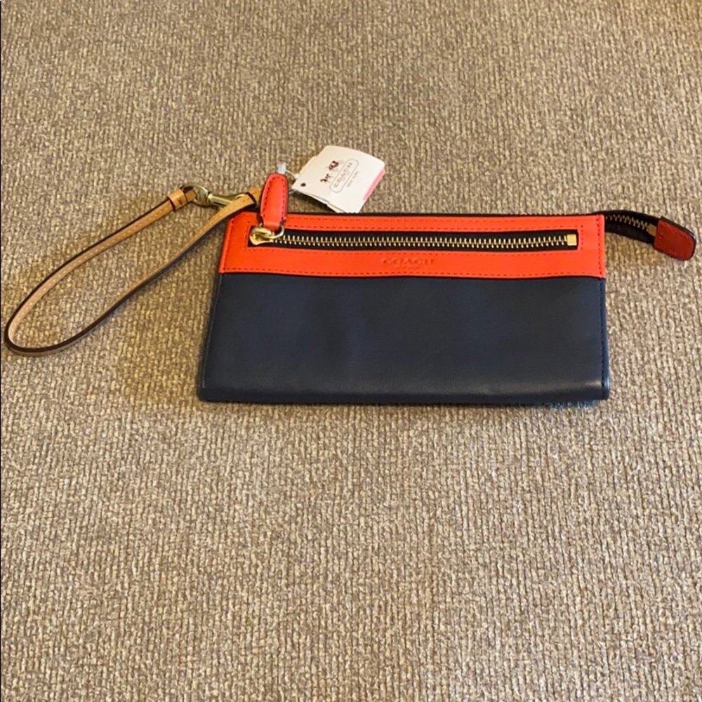 SOLD Coach Colorblock Legacy Leather Zippy Wallet navy red tan wristlet 48176